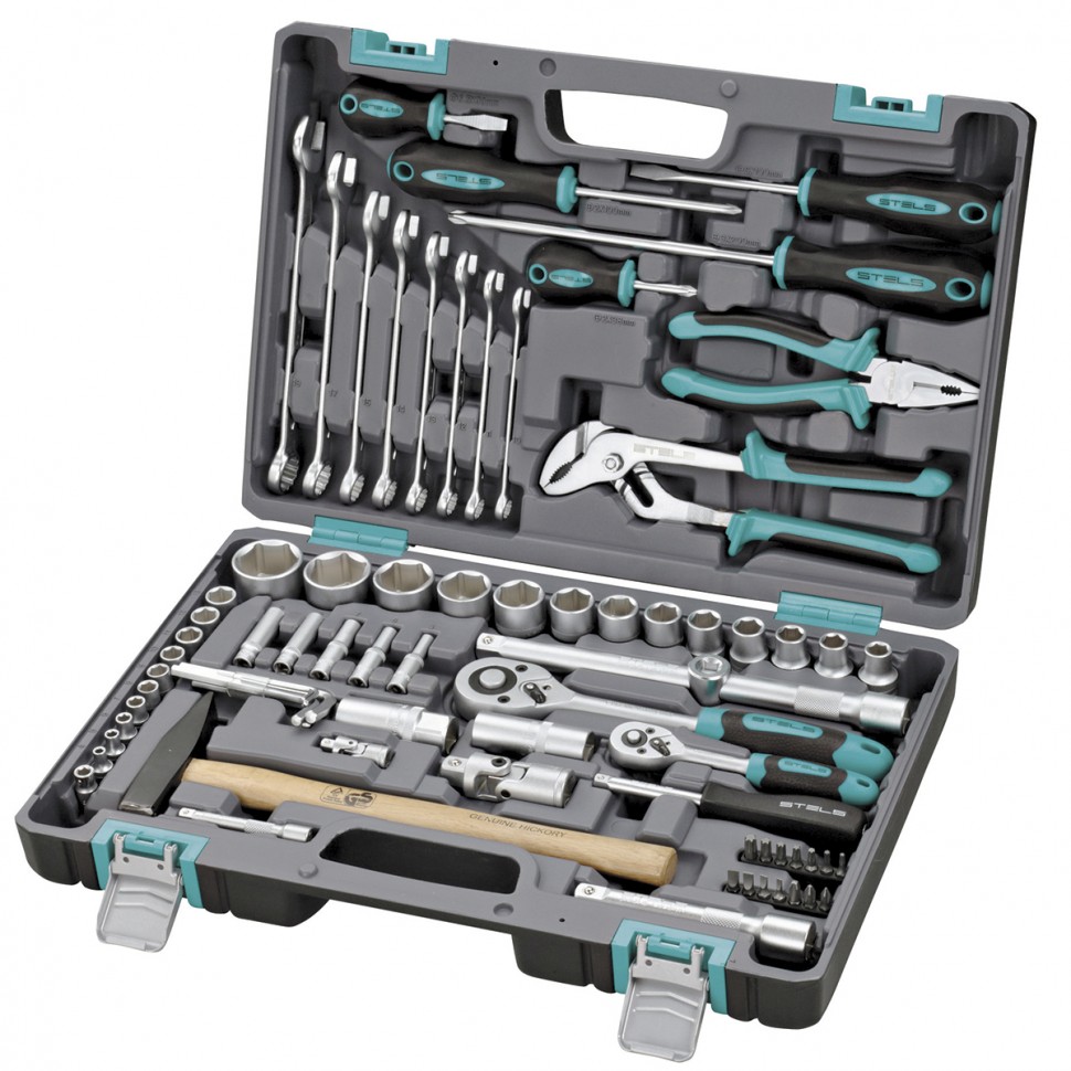 Набор инструментов 1/2",1/4", CrV, пластиковый кейс 76 предм. Stels 14104